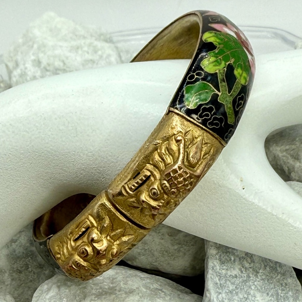 Vintage Cloisonné Twin Dragon Bangle Bracelet Black Enamel Floral 2.5” - Picture 8 of 17